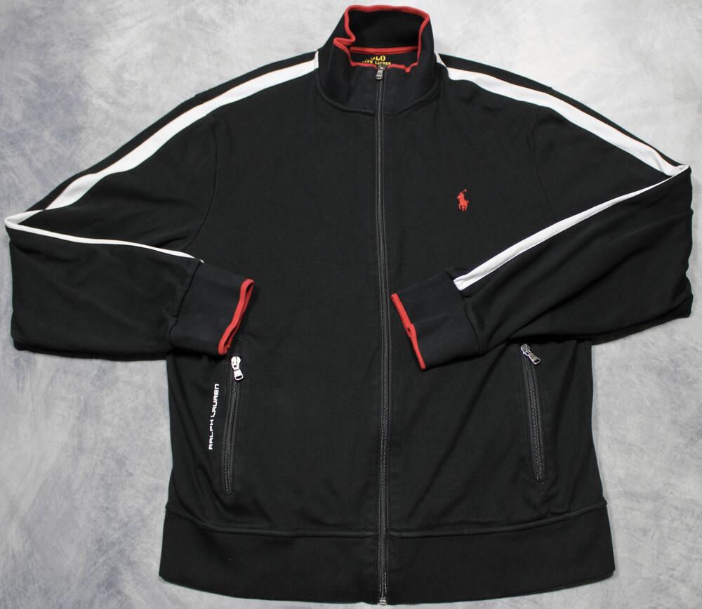 Polo Ralph Lauren Track Jacket Mens Large Black Performance Full Zip Stripe Trim